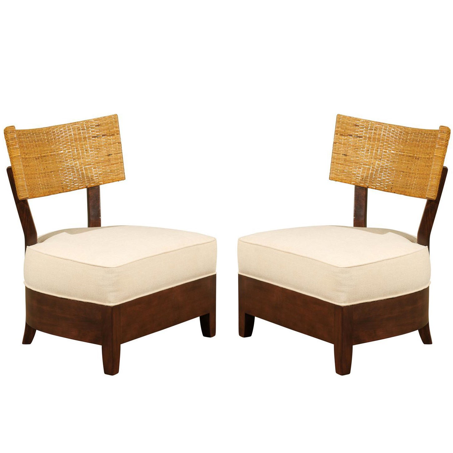 Pair of Mahogany and Rattan Raffia Slipper Lounge Chairs