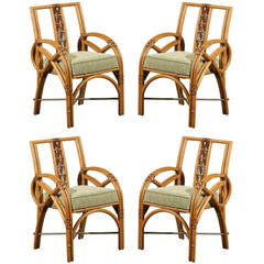 Set of Four Vintage Rattan and Leather Dining or Card Chairs