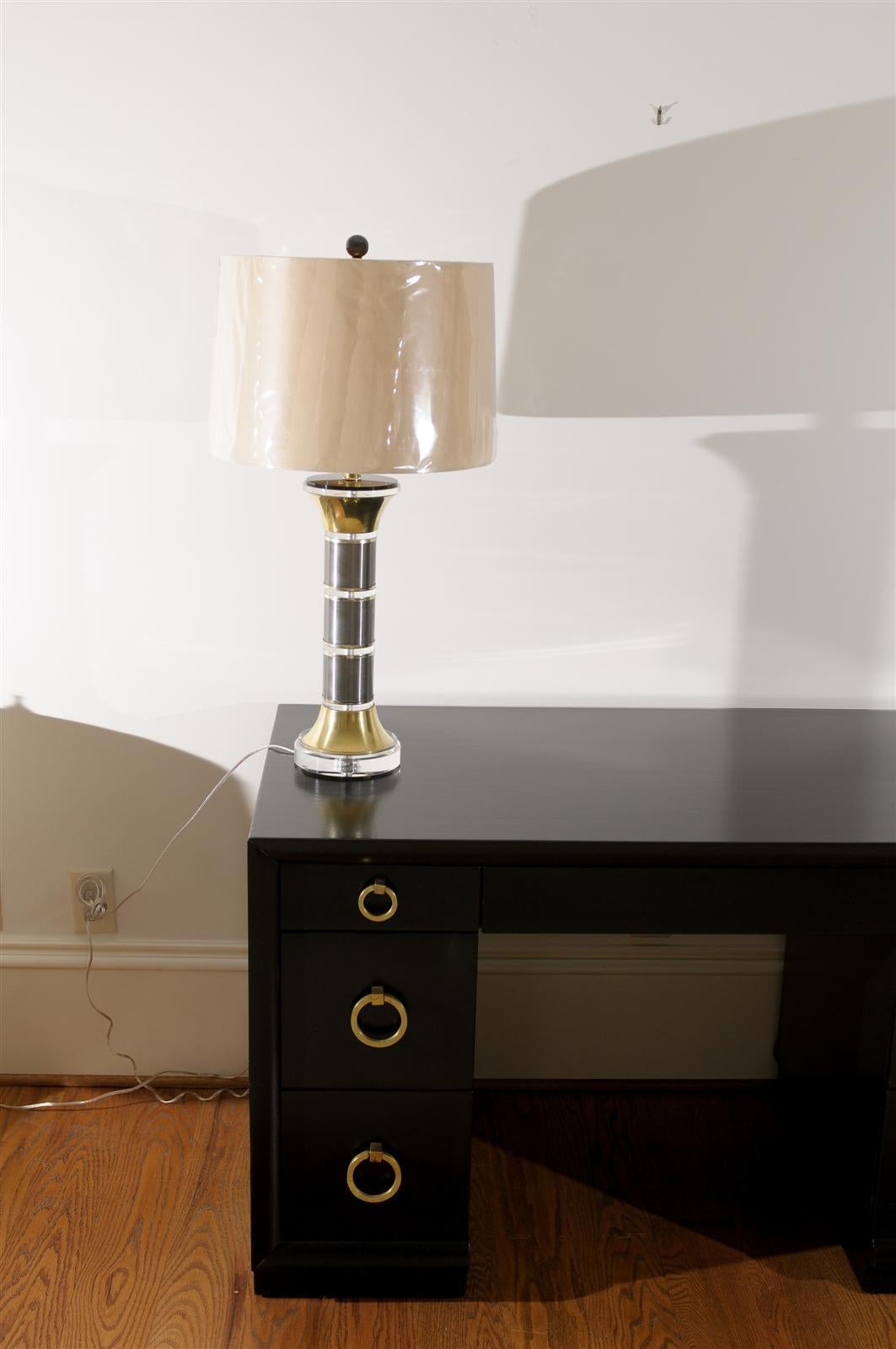 Mid-Century Modern Vintage Pair of Column Lamps in Brass, Lucite and Stainless Steel