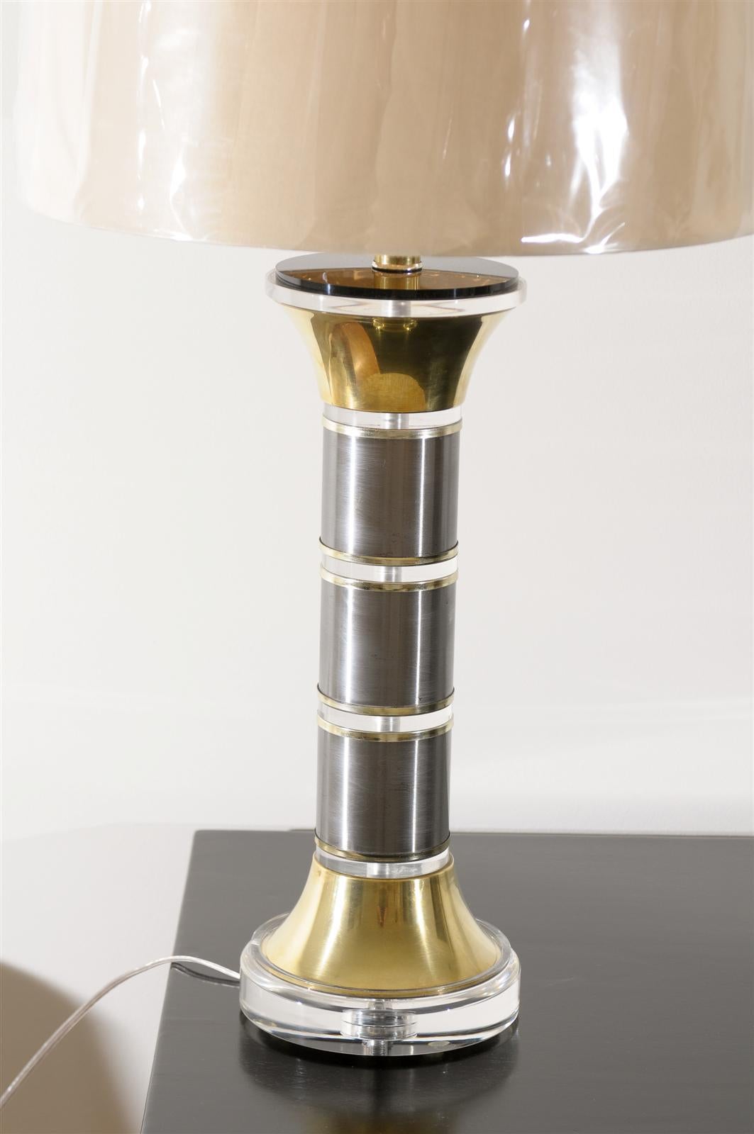 Vintage Pair of Column Lamps in Brass, Lucite and Stainless Steel In Excellent Condition In Atlanta, GA