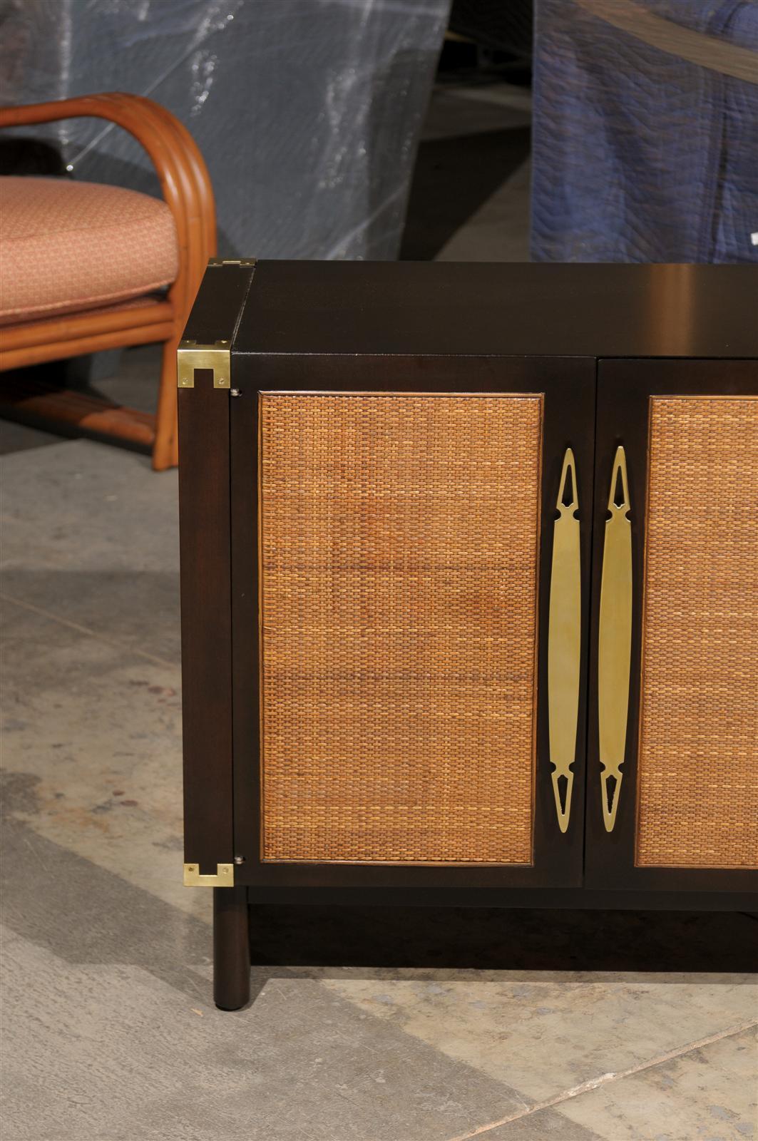 Sophisticated Pair of Walnut Cabinets with Raffia and Brass Accents For Sale 4