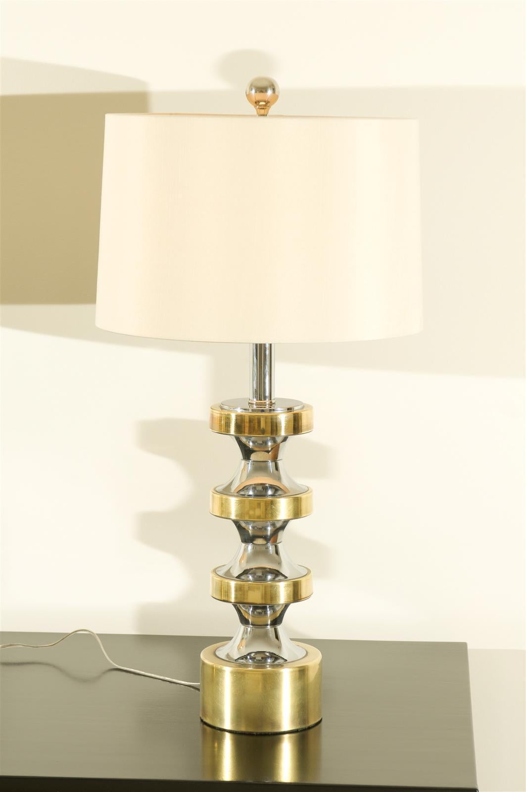 Mid-Century Modern Pair of Vintage Sculptural Chrome and Brass Lamps