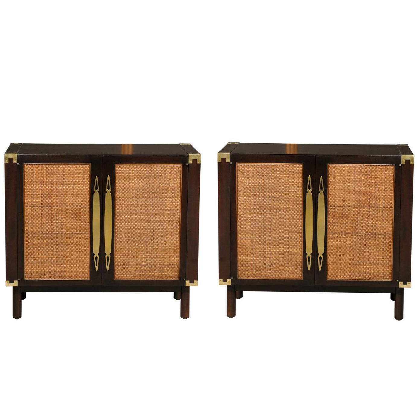 Sophisticated Pair of Walnut Cabinets with Raffia and Brass Accents For Sale
