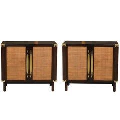 Sophisticated Pair of Walnut Cabinets with Raffia and Brass Accents