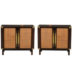 Sophisticated Pair of Walnut Cabinets with Raffia and Brass Accents 9
