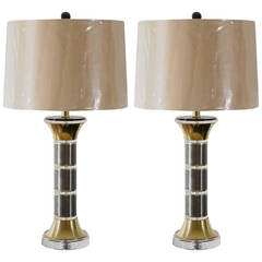Vintage Pair of Column Lamps in Brass, Lucite and Stainless Steel