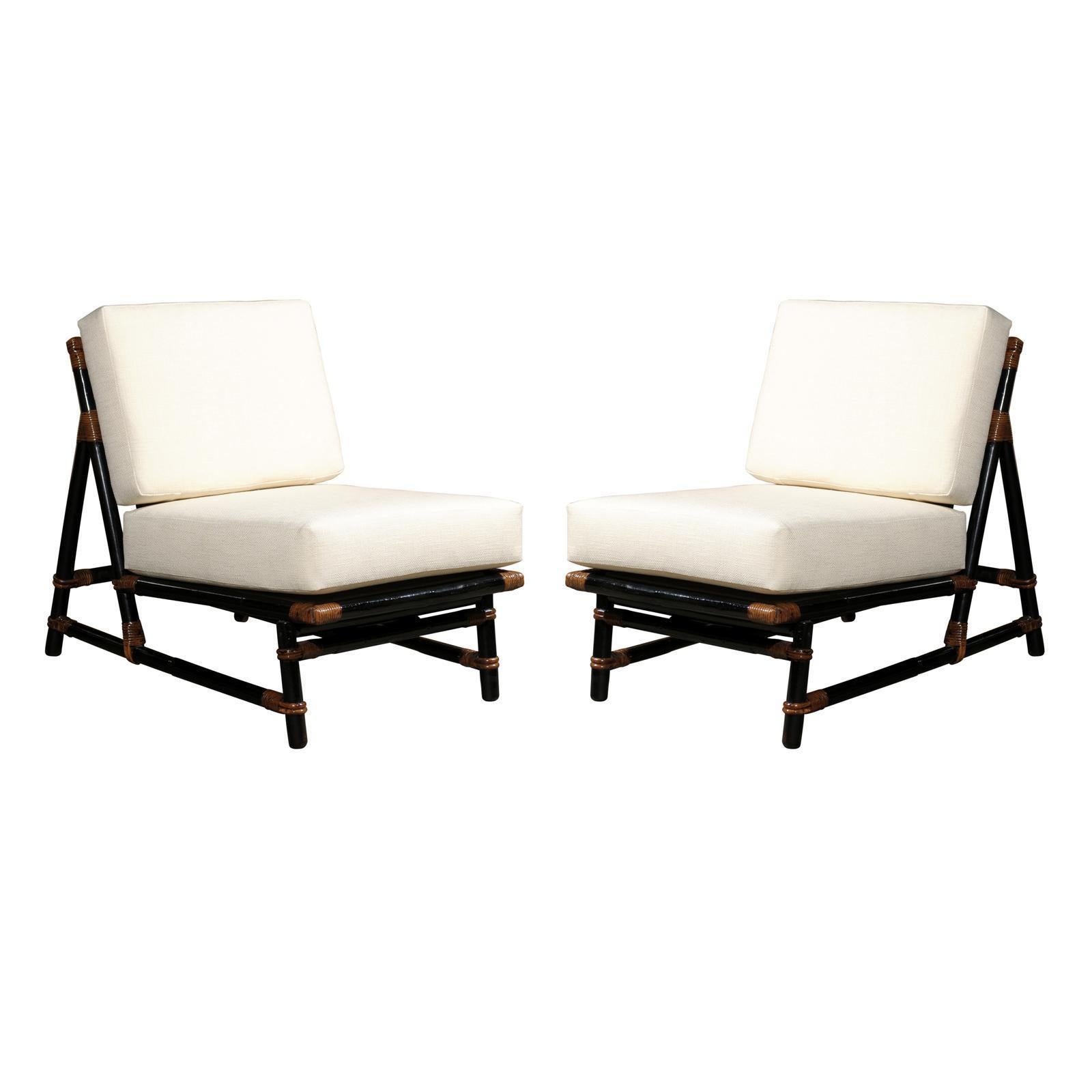 Rare Restored Pair of Rattan Slipper Loungers by John Wisner for Ficks Reed