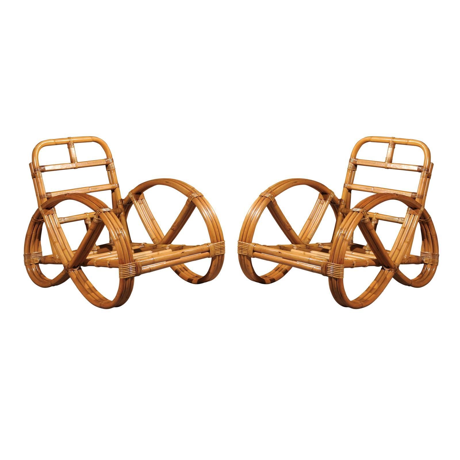 Restored Pair of Rattan Pretzel Lounge Chairs in the Style of Paul Frankl
