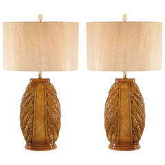 Pair of Modern Rattan Lamps with Brass and Lucite Accents