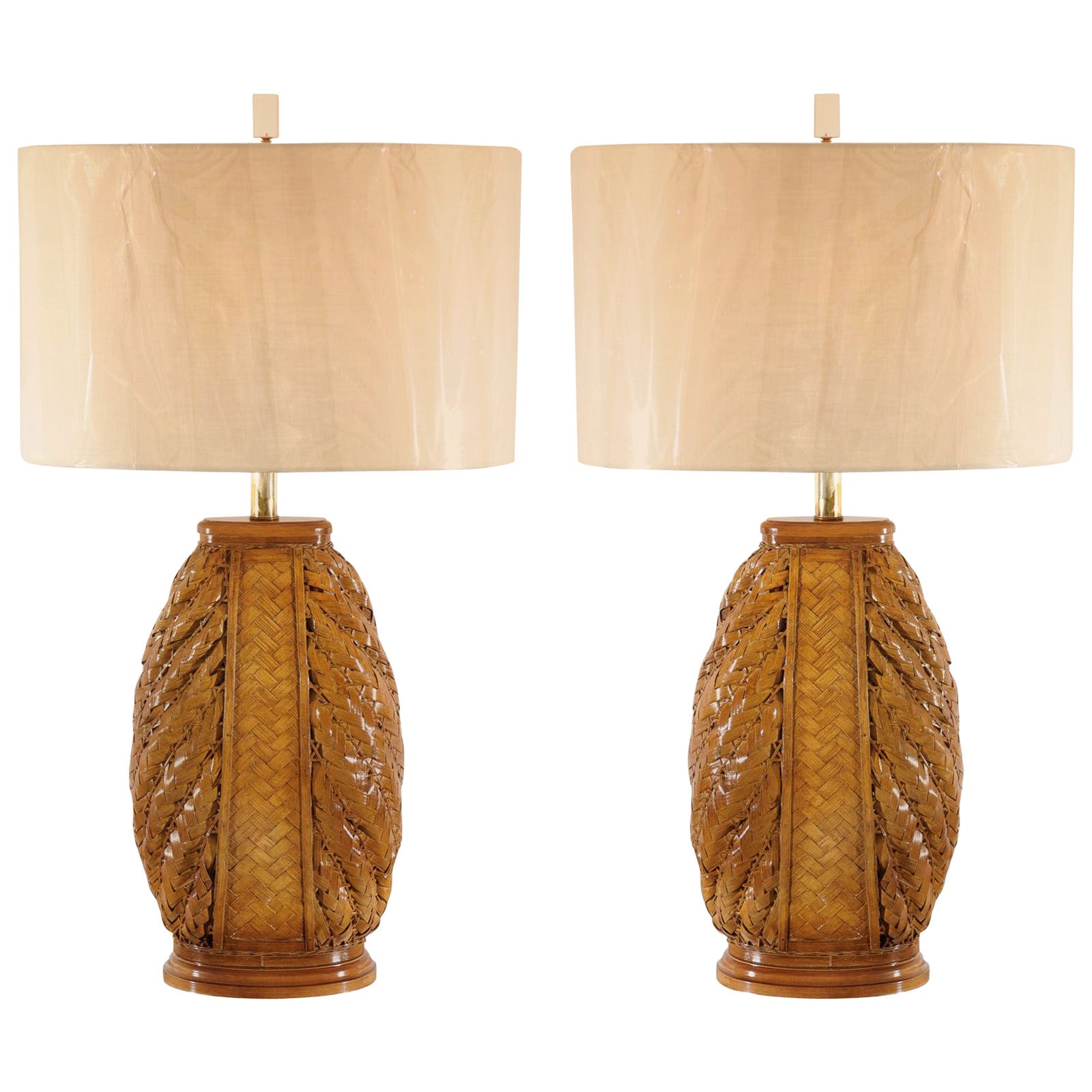 Pair of Modern Rattan Lamps with Brass and Lucite Accents