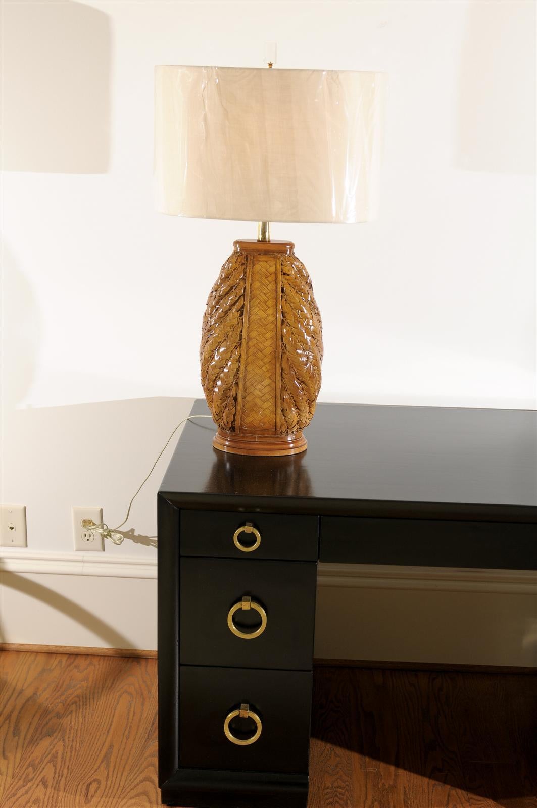 Mid-Century Modern Pair of Modern Rattan Lamps with Brass and Lucite Accents