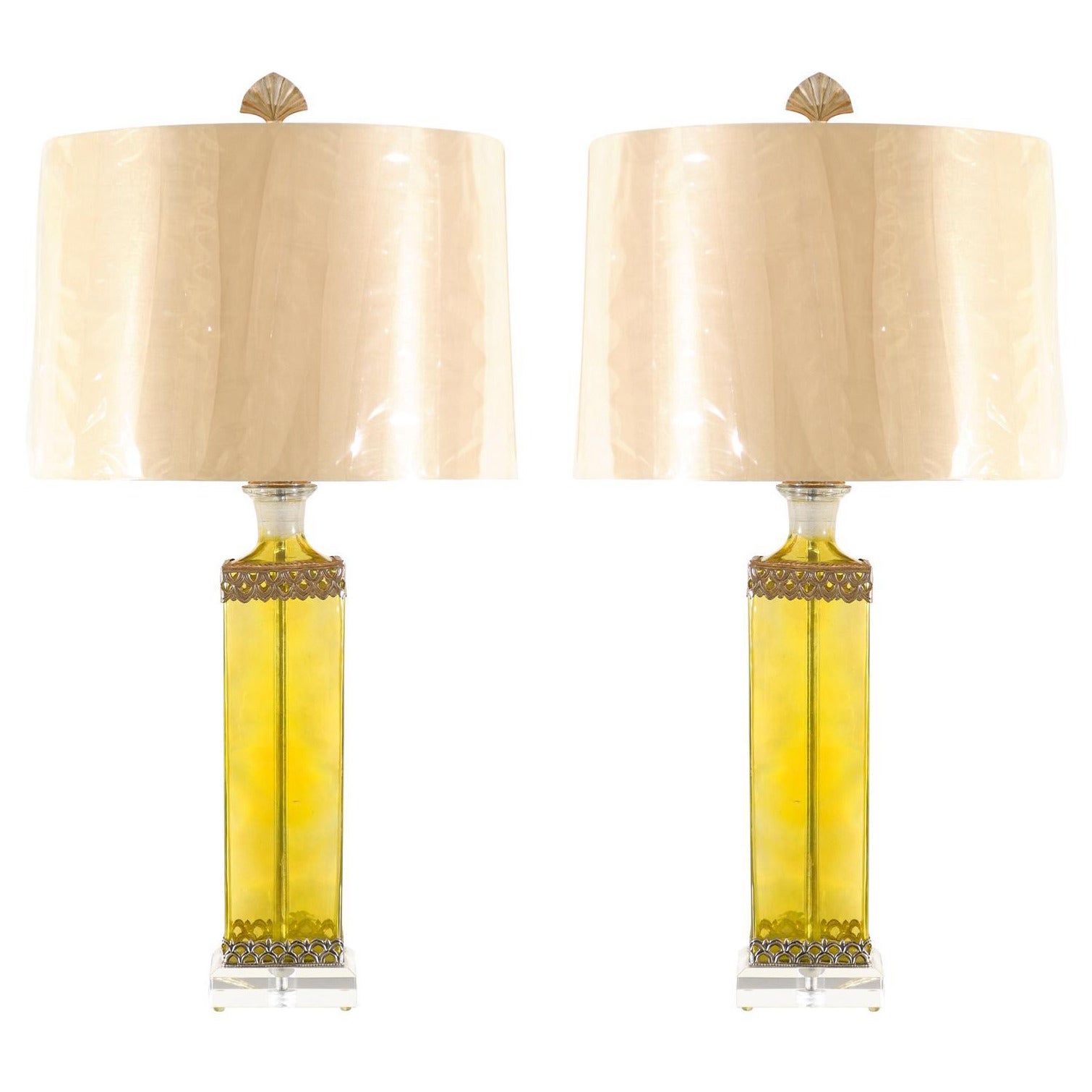 Pair of Vintage Blown Glass Lamps with Pewter Detail