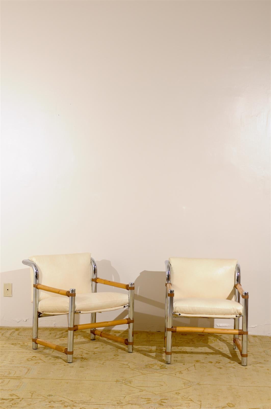 Mid-Century Modern Fabulous Pair of Restored Vintage Chrome and Bamboo Loungers For Sale