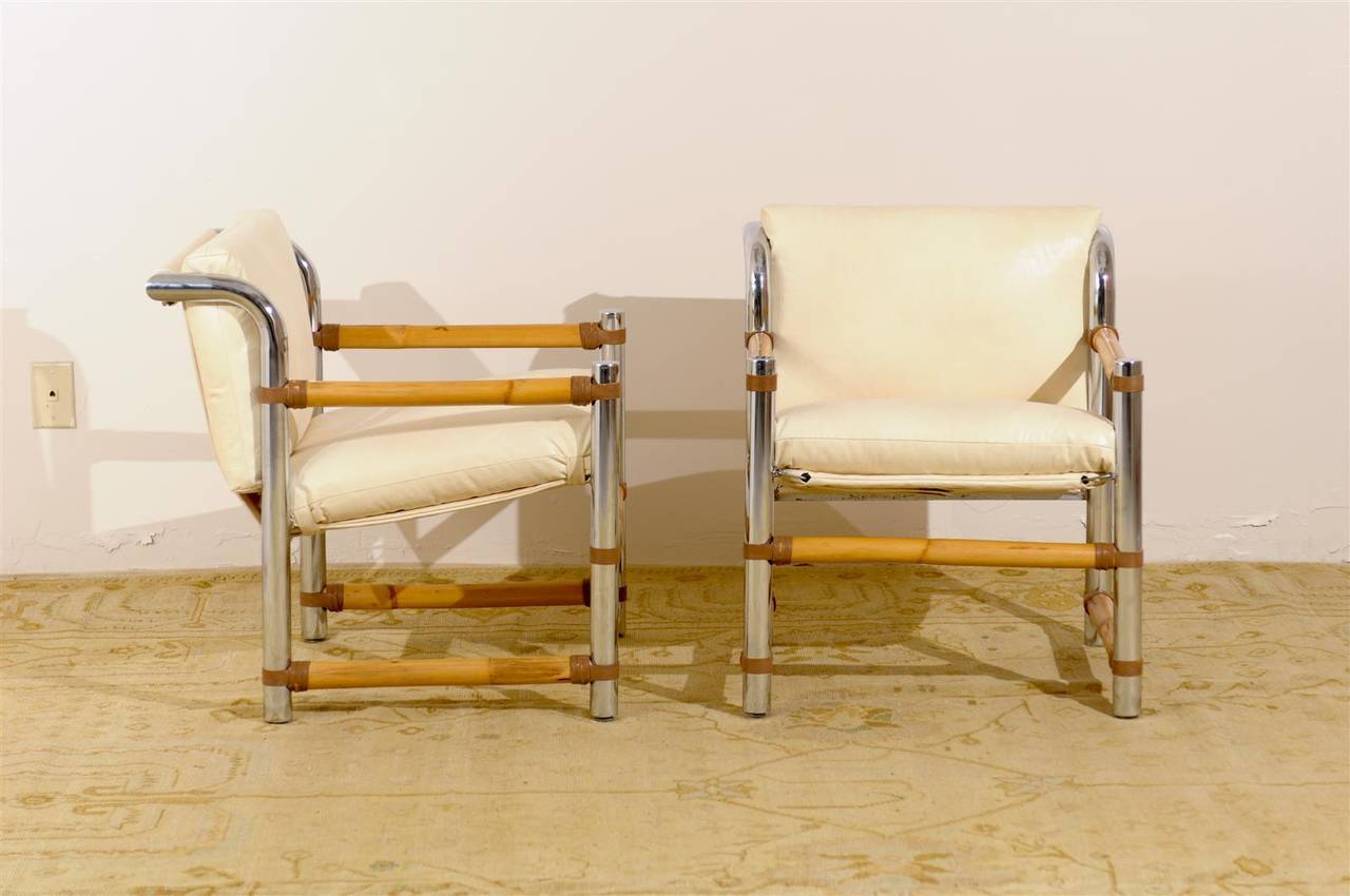 Fabulous Pair of Restored Vintage Chrome and Bamboo Loungers For Sale 2
