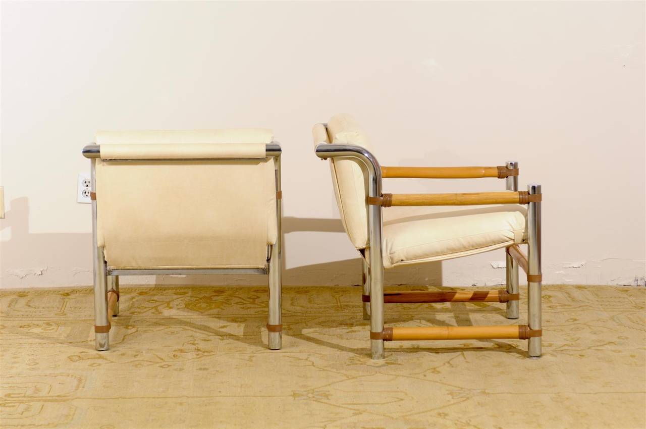 Late 20th Century Fabulous Pair of Restored Vintage Chrome and Bamboo Loungers For Sale