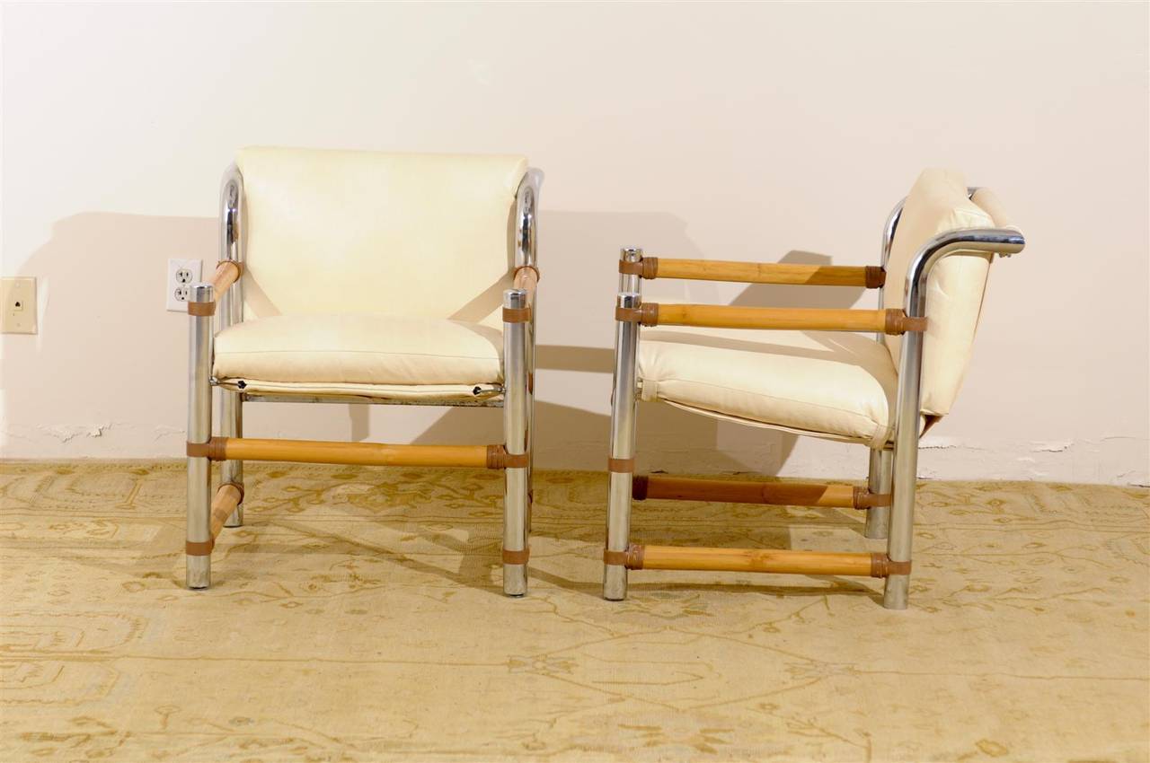 Fabulous Pair of Restored Vintage Chrome and Bamboo Loungers For Sale 4
