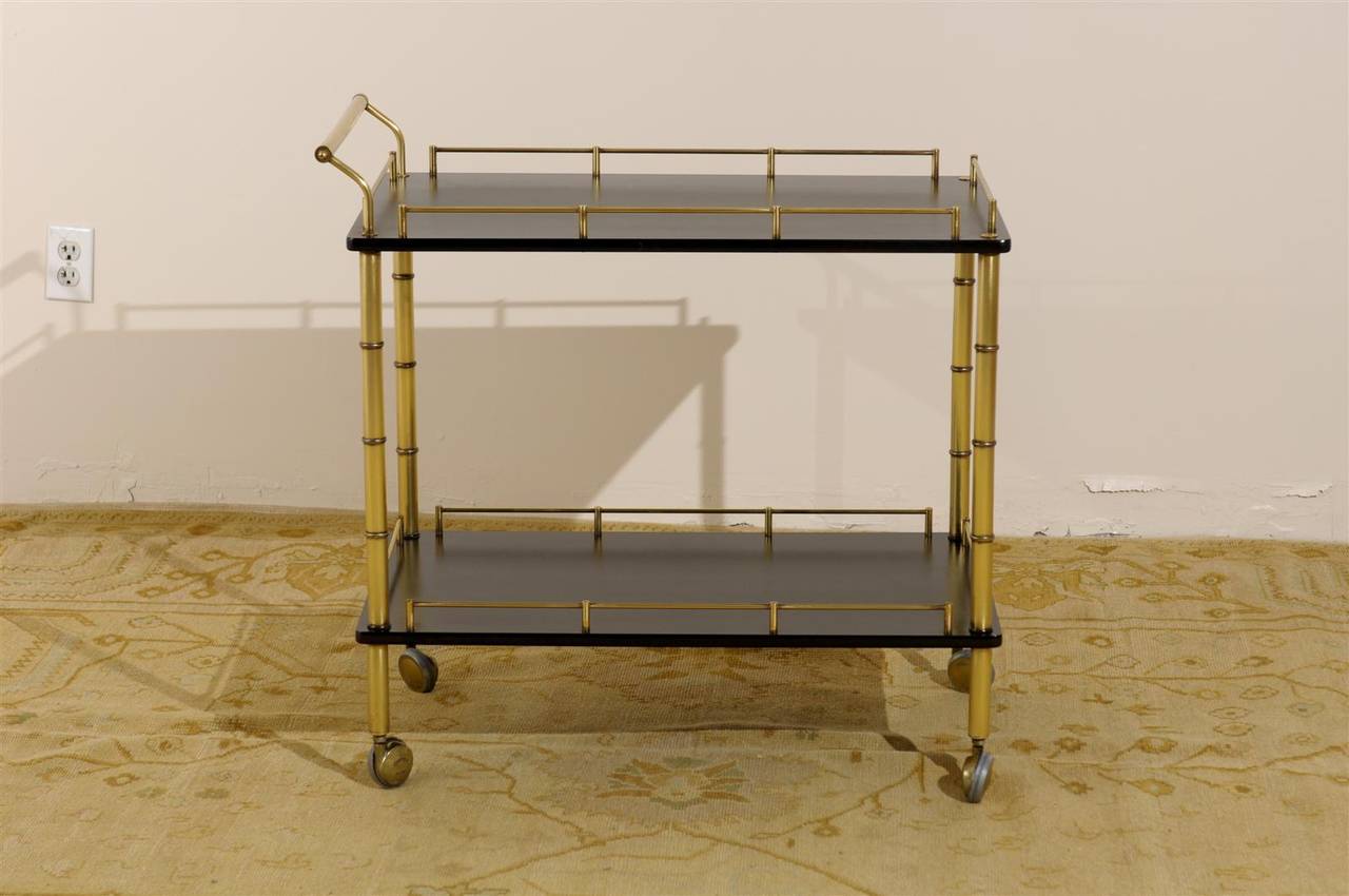 Restored Maxwell Phillips Bar Cart in Brass and Black Lacquer In Excellent Condition In Atlanta, GA