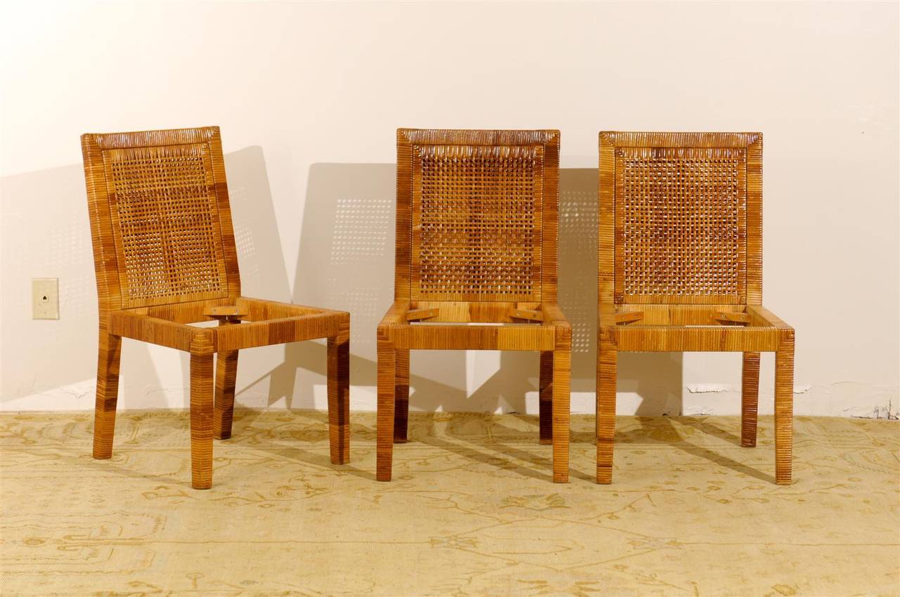 A fabulous set of six cane back Parsons style dining chairs, circa 1970. Stout hardwood frame wrapped in rattan. Veneer displays stunning color range, patina and depth. Fine, beautifully made pieces. Excellent restored condition. The chairs have