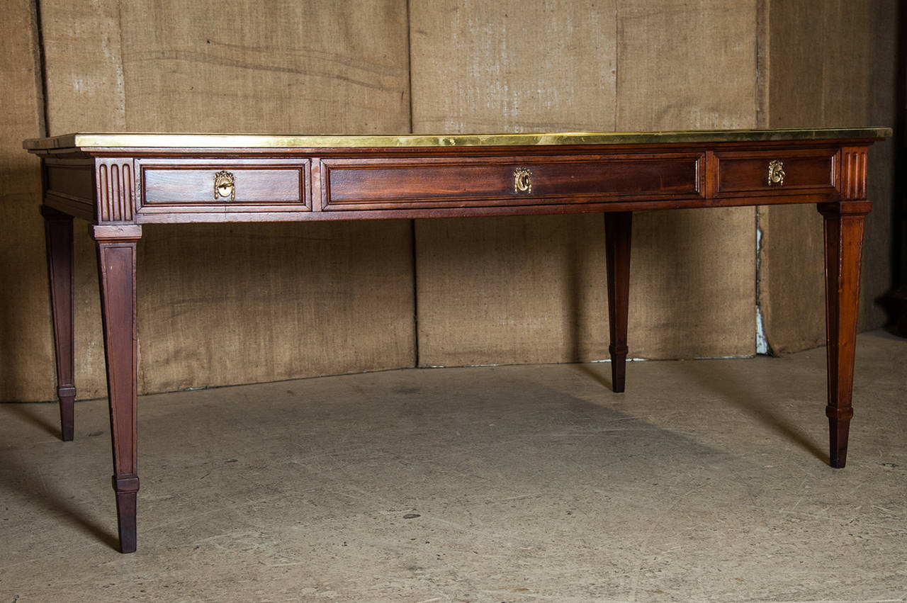 Grand French Louis XVI Style Walnut and Brass Partner's Desk