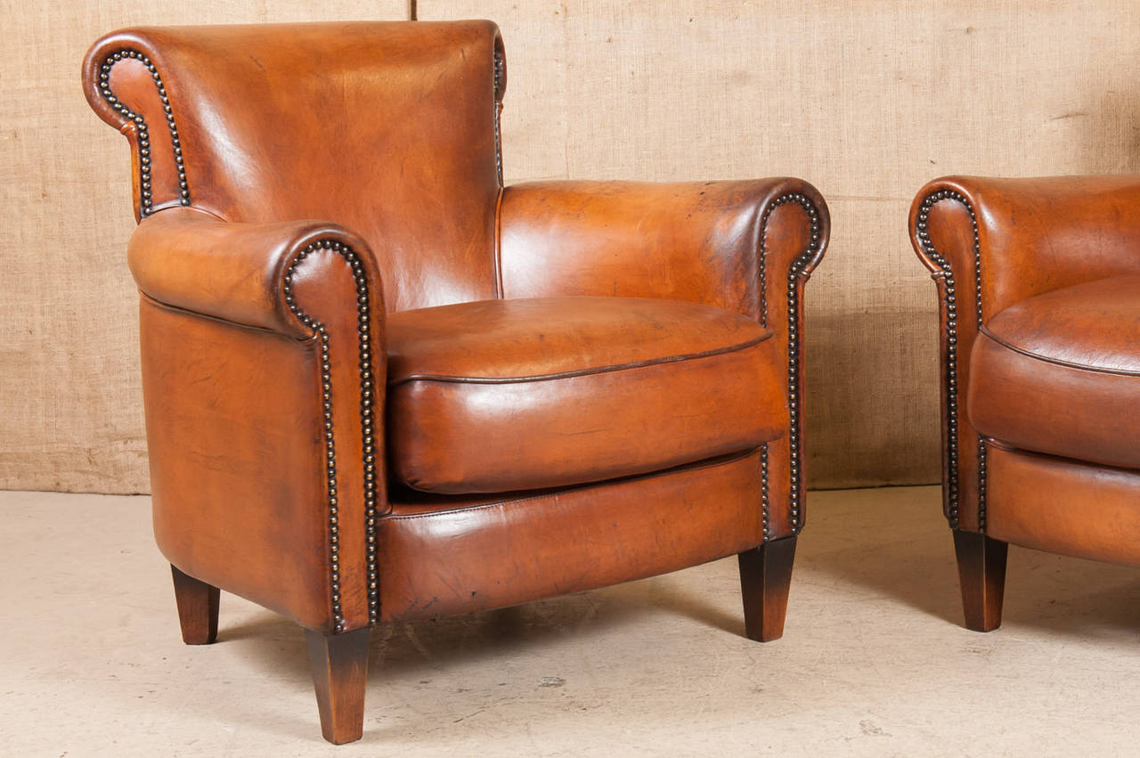 Pair of French Art Deco Leather Club Chairs In Excellent Condition In Birmingham, AL