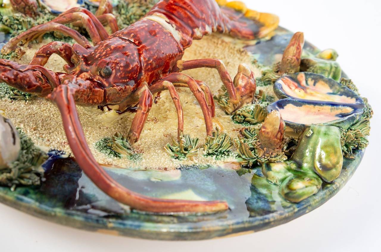 Glazed Palissy Style Majolica Trompe-l'oeil Spiny Lobster Plate
