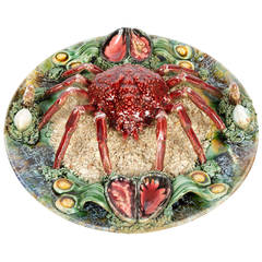 Assiette araignée-crabe en majolique de style Palissy en trompe-l'oeil