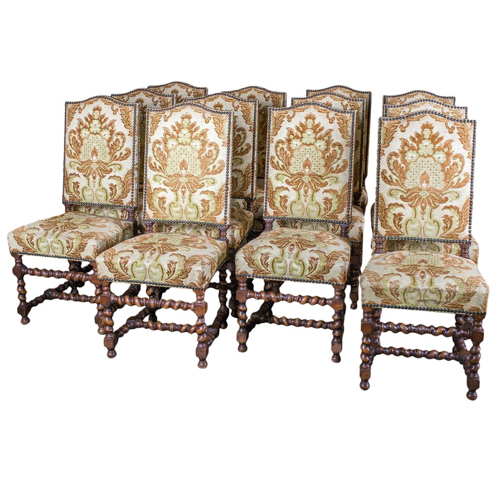 Set of 12 Louis XIII Barley Twist Dining Chairs