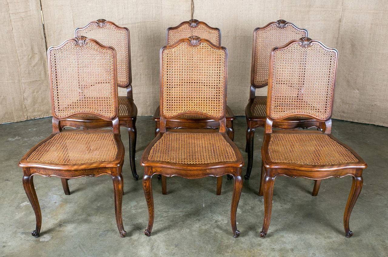 Set of 6 Louis XV style cane dining chairs in walnut. Circa early 1900s. Cane backs and seats supported by small cabriole legs with straight back legs. Paris, France.