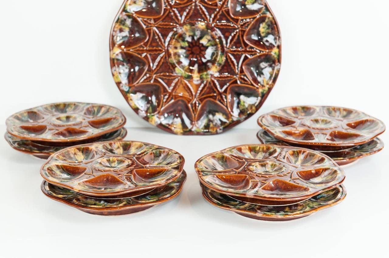 Set of Eight French Majolica Oyster Plates and Master Server