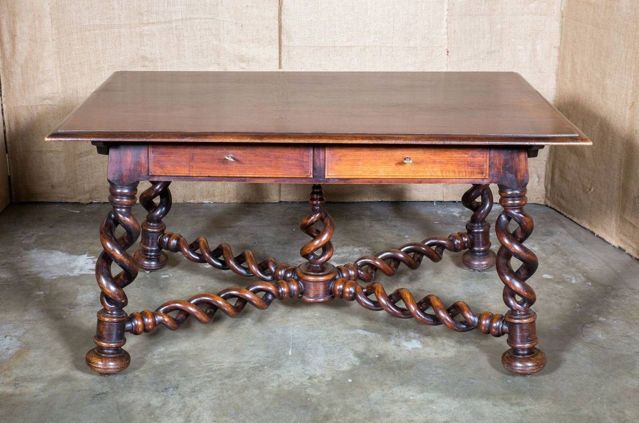 Hand-Carved Rare Louis XIII Style Open Barley Twist Writing Table