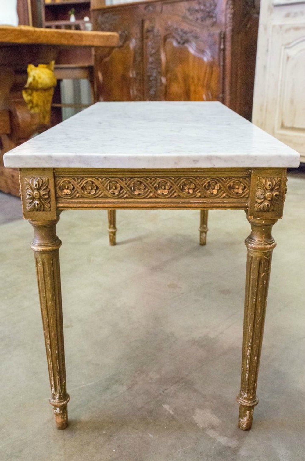 Wood French Louis XVI Style Gilded Coffee Table with Marble Top