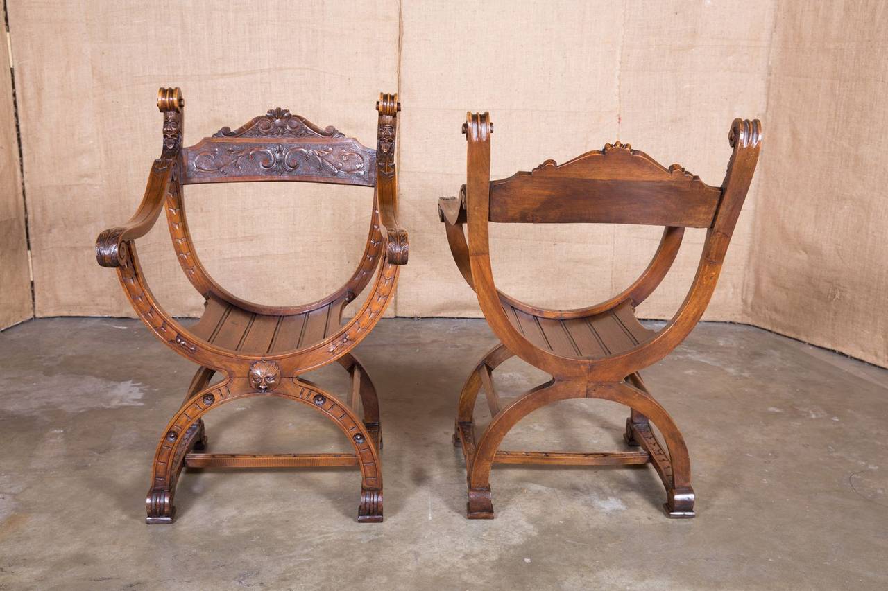 Pair of intricately carved Dagobert chairs made from solid walnut during the Renaissance Revival period. Each chair having a curule form seat surmounted with a horizontal back splat with carved acanthus leaves, mounted with a cartouche flanked by