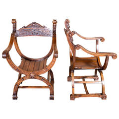 Antique Pair of French Renaissance Style Dagobert or Curule Chairs