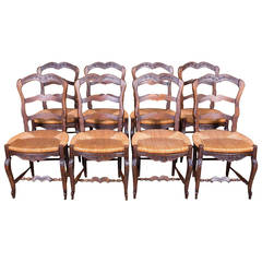 Set of Eight Country French Antique Provencal Rush Seat Ladder Back Chairs