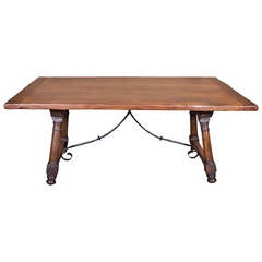 Antique Spanish Trestle Table with iron Stretcher