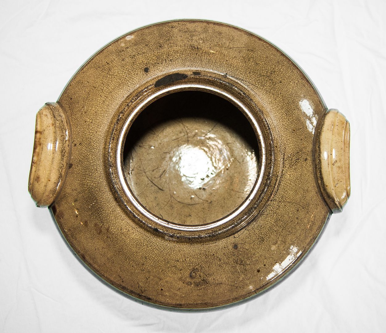 Hard to find French terra cotta tripière. Beautiful brown and cream salt glazed clay pot. Aged, crackled patina. Retains heat well and guarantees even heat distribution throughout the vessel. Factory stamp on bottom. Wonderful, authentic Provincial