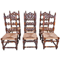 French Renaissance Style Rush Seat Ladder Back Dining Chairs, Set of Six