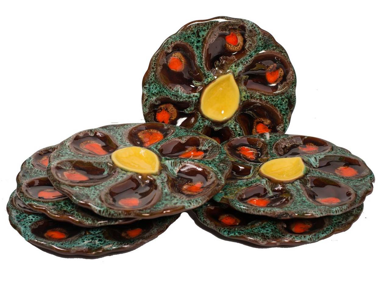 Set of Six French Majolica Oyster Plates 1