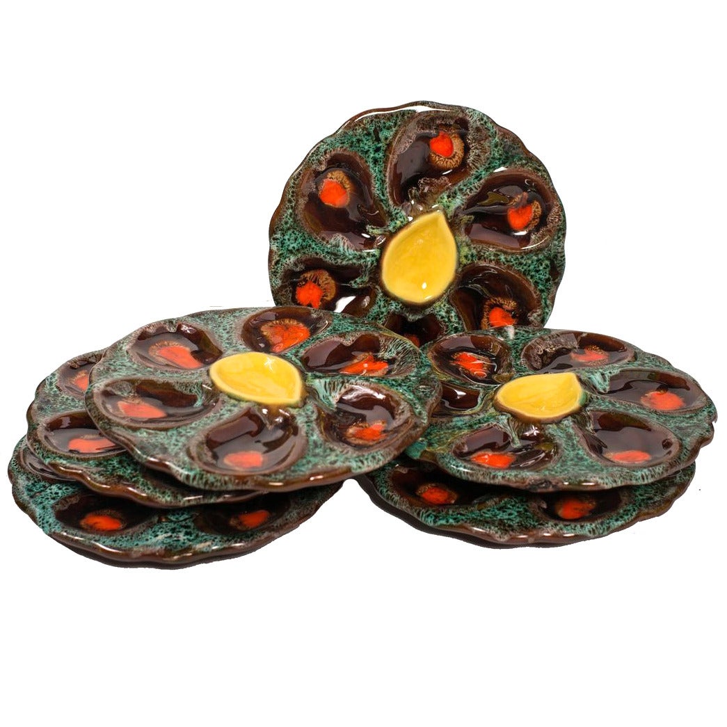 Set of Six French Majolica Oyster Plates