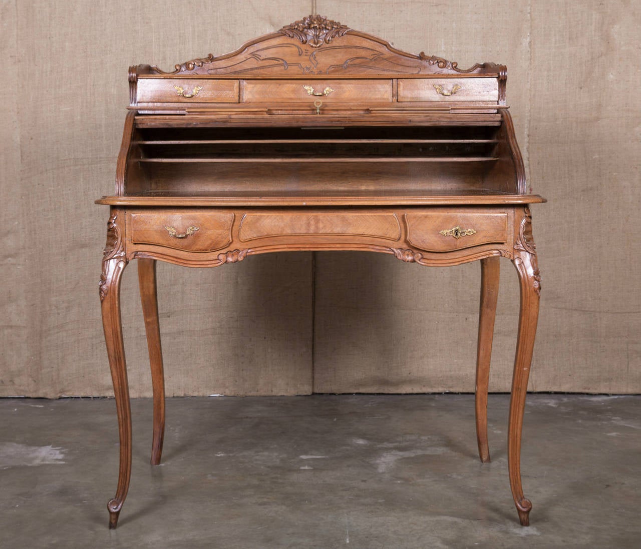 Marquetry Country French Louis XV Style Ladies Roll Top Desk or Bureau à Cylindre