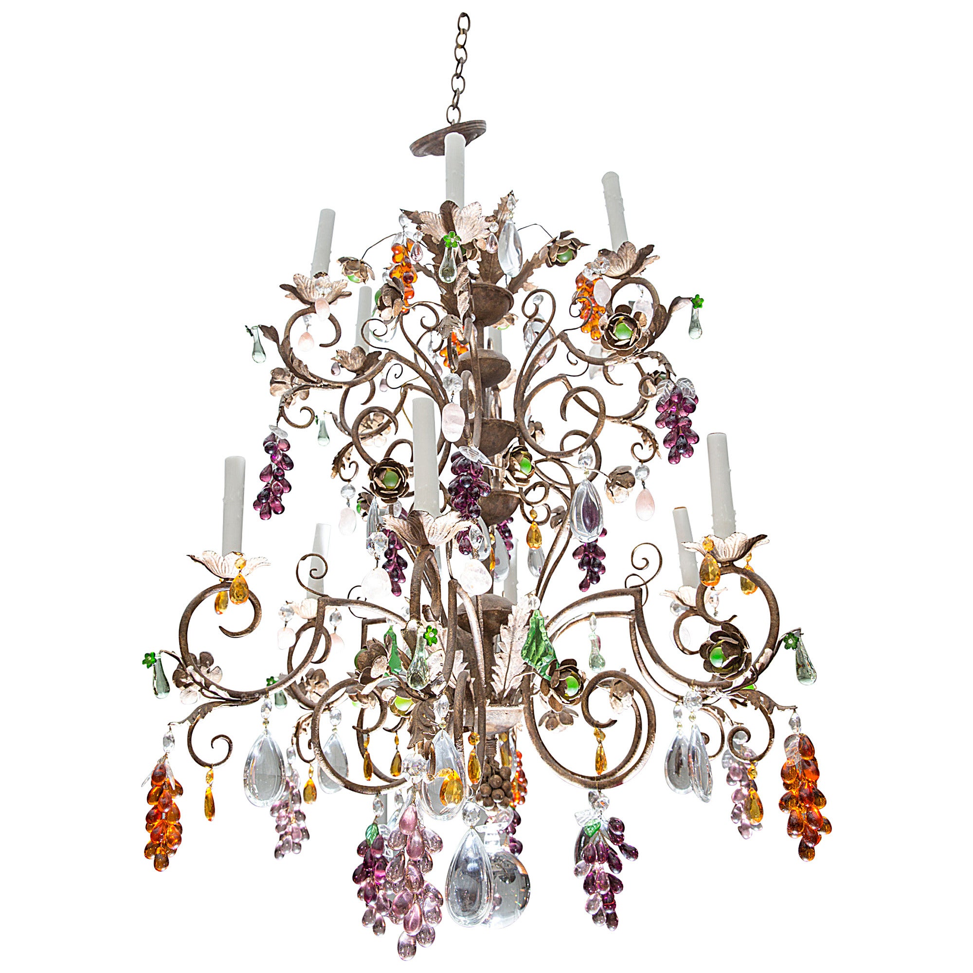 Louis XV Style Twelve-Light Iron Chandelier with Colored Fruit Shaped Crystals