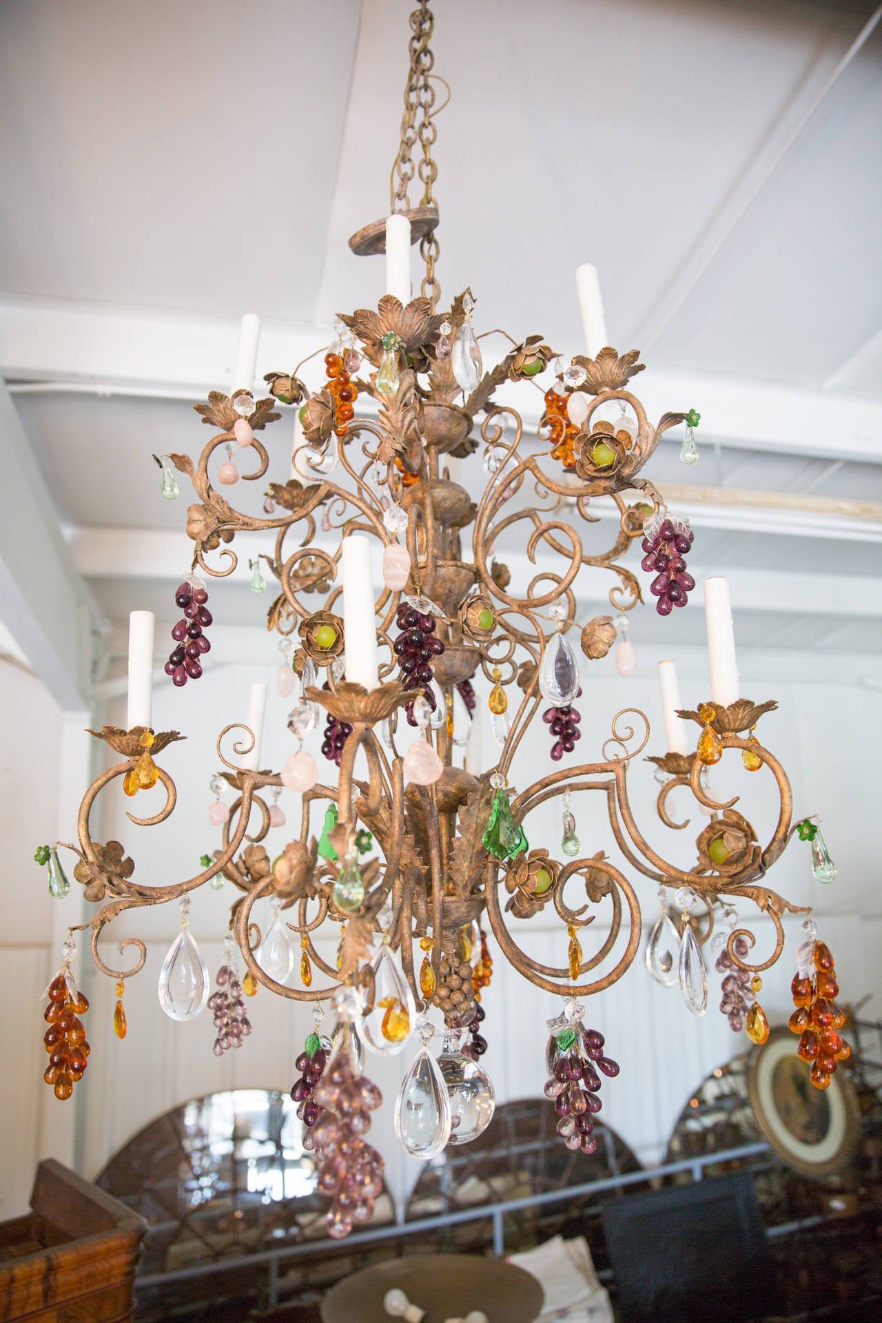 Louis XV Style Twelve-Light Iron Chandelier with Colored Fruit Shaped Crystals 1
