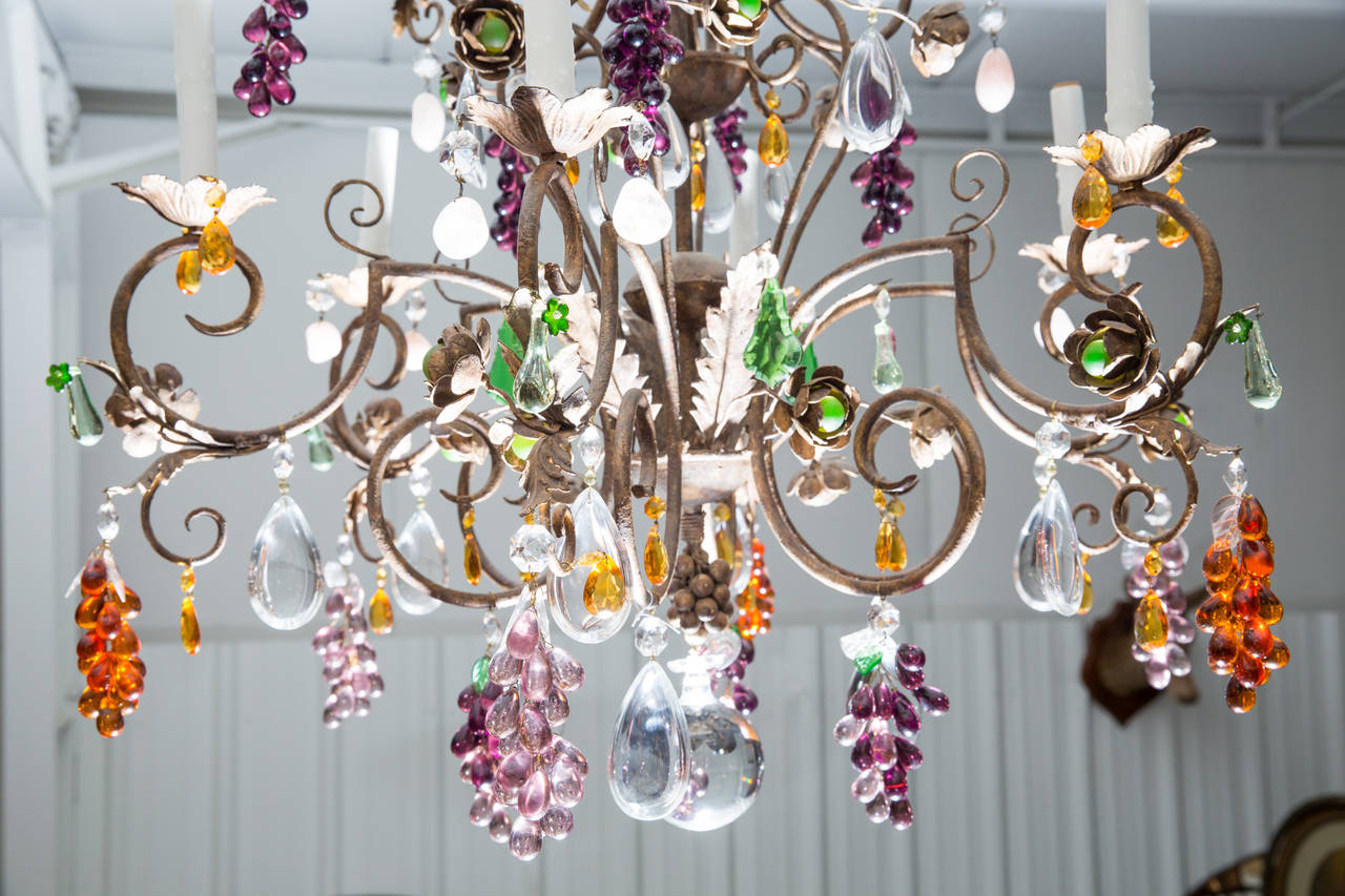 Louis XV Style Twelve-Light Iron Chandelier with Colored Fruit Shaped Crystals 2