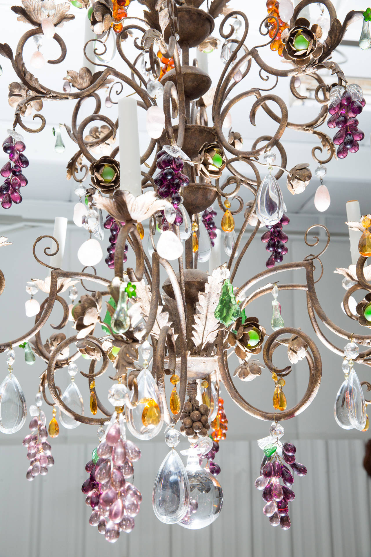 Louis XV Style Twelve-Light Iron Chandelier with Colored Fruit Shaped Crystals 3
