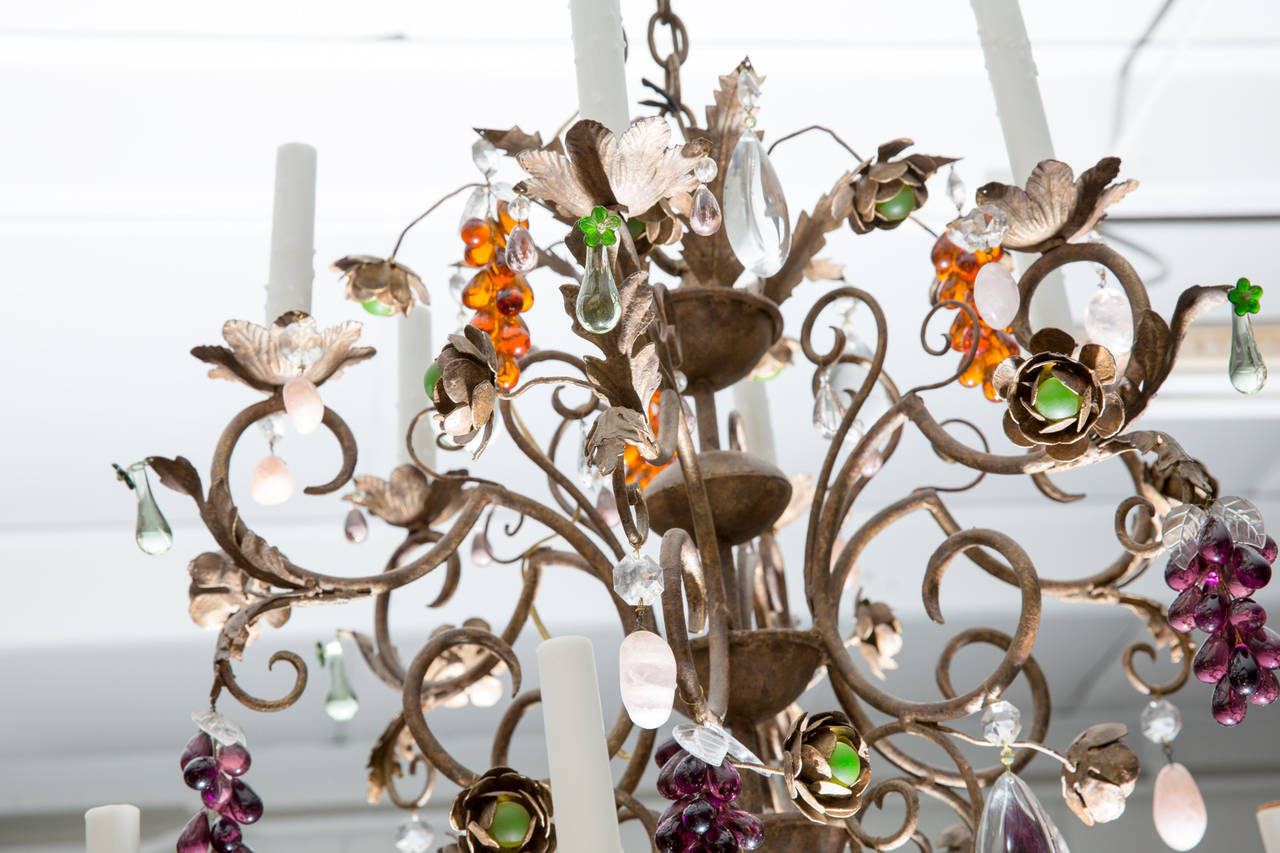 Louis XV Style Twelve-Light Iron Chandelier with Colored Fruit Shaped Crystals In Excellent Condition In Birmingham, AL