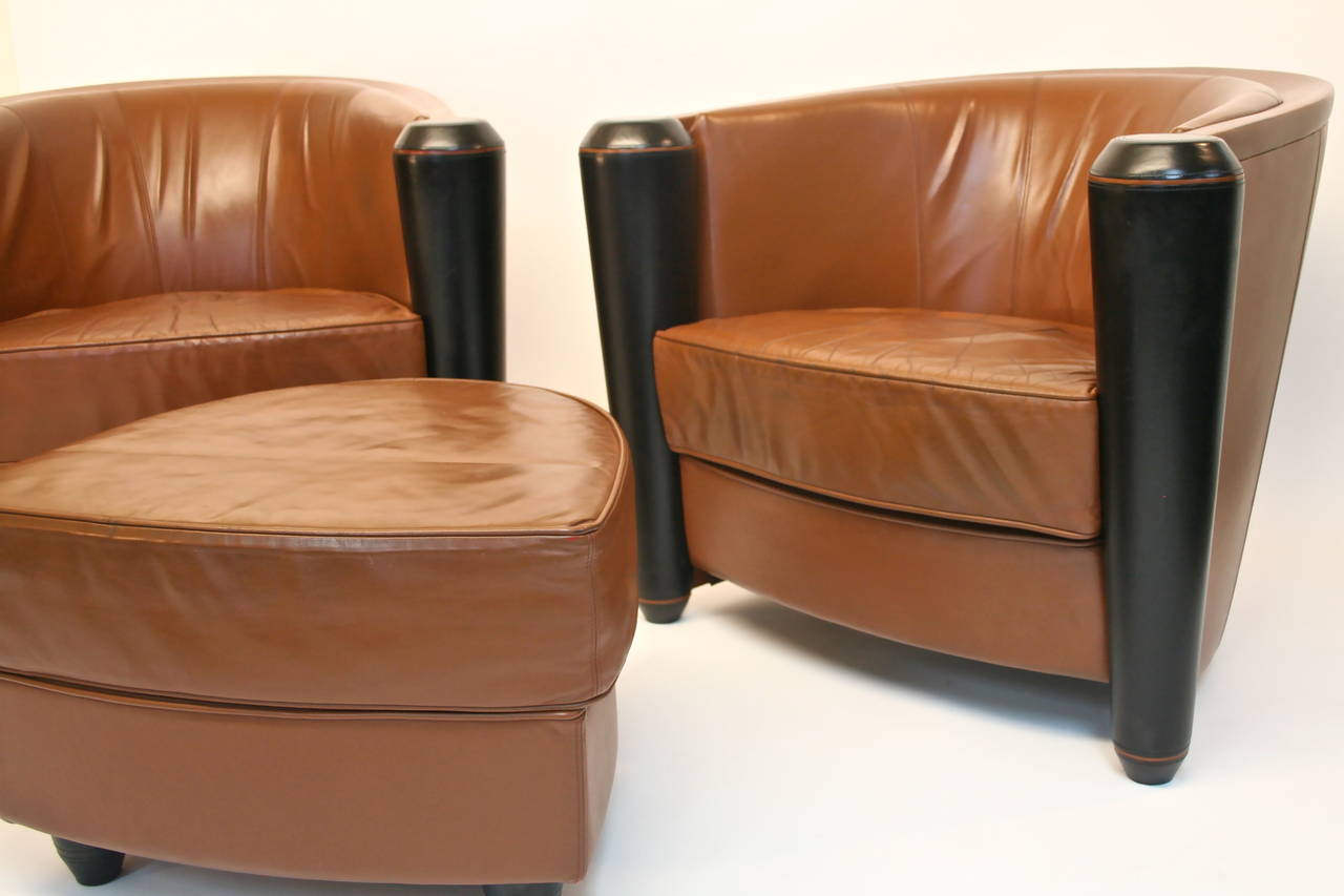 Italian Pair of Pace Collection Leather Club Chairs by Adam Tihany