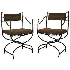 Pair of Iron and Brass Campaign Chairs
