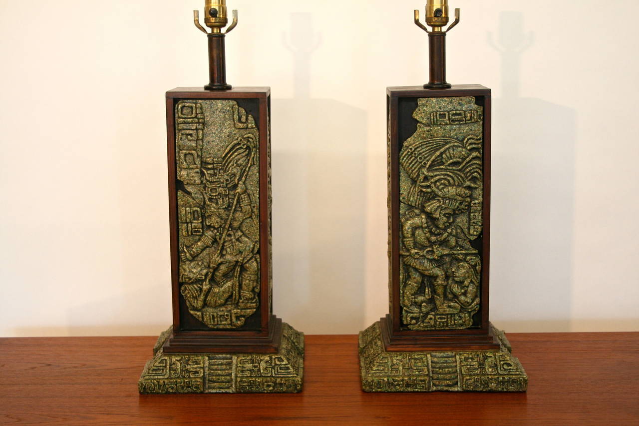 Pair of Mayan Inspired Table Lamps by Zabreski.  Nice original condition.  Makers mark on bottom.  Made in Mexico.  Circa 1950's.