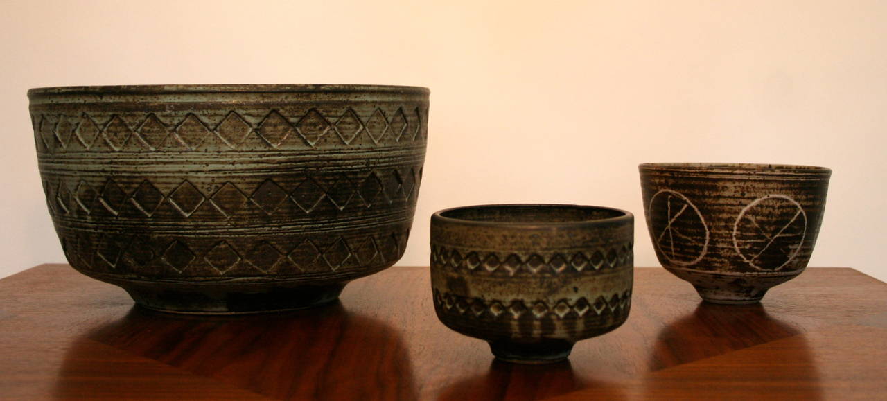 Mid-Century Studio Pottery Trio.  Excellent condition.  Large bowl measures 11