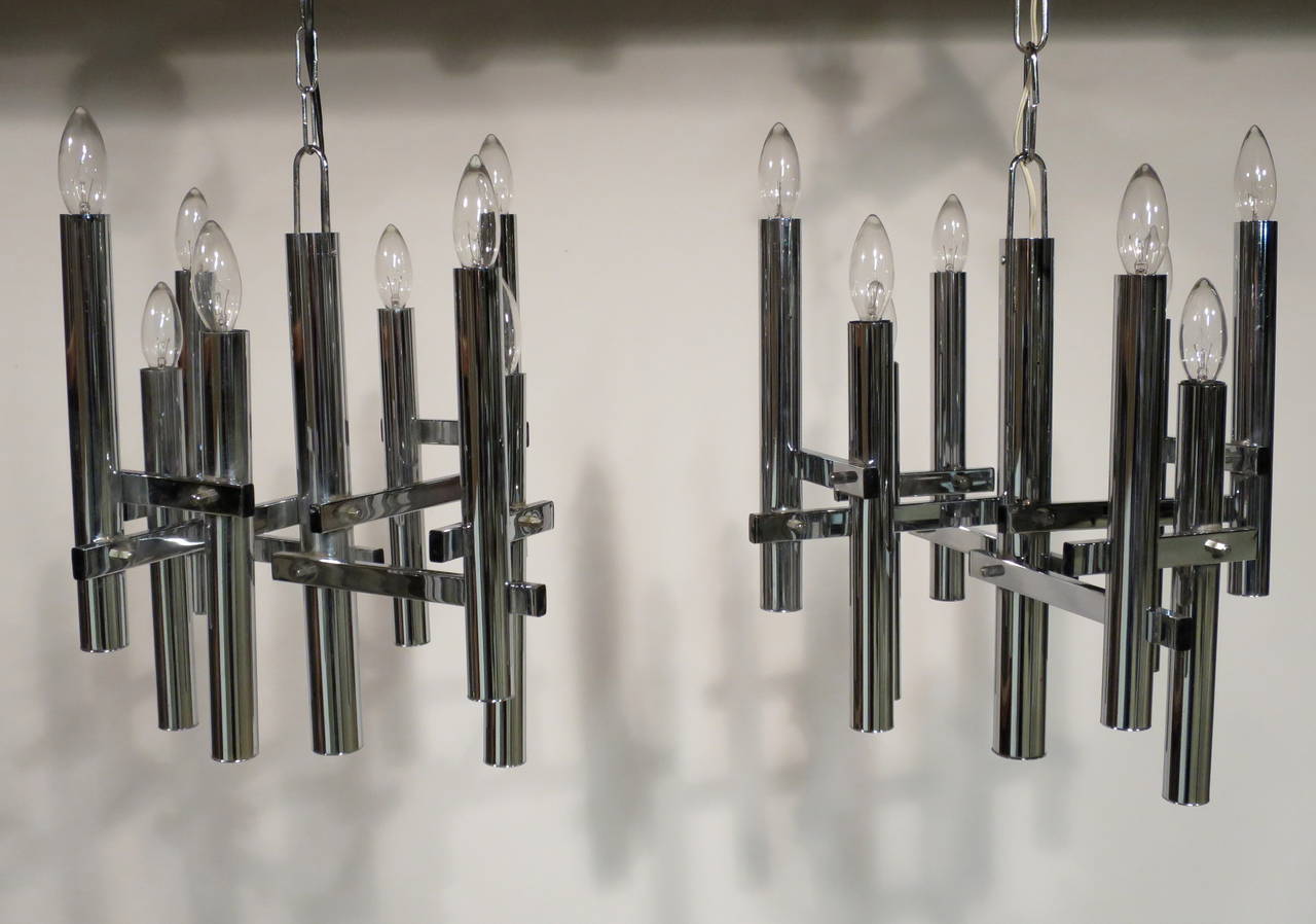 American Pair of Modern 1970s Chrome Chandeliers